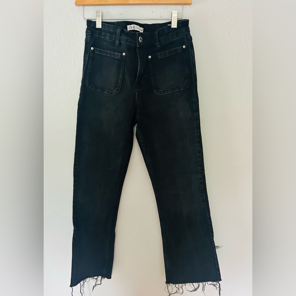 Zara Black Straight-Leg Jeans with Raw Hem